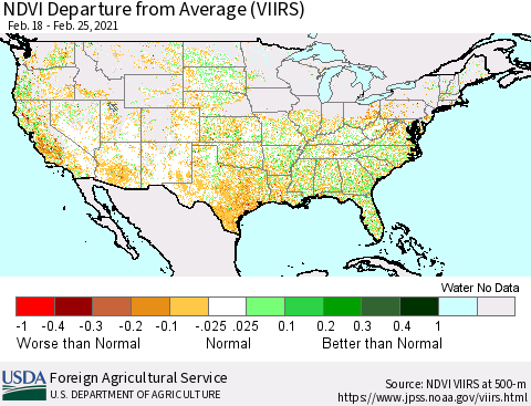 United States NDVI Departure from Average (VIIRS) Thematic Map For 2/21/2021 - 2/28/2021