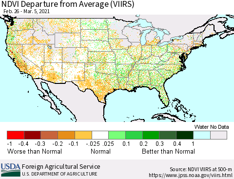 United States NDVI Departure from Average (VIIRS) Thematic Map For 3/1/2021 - 3/10/2021