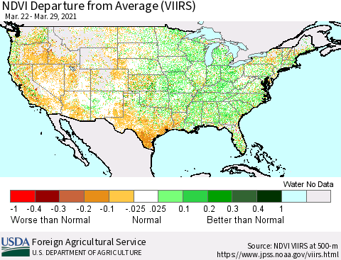 United States NDVI Departure from Average (VIIRS) Thematic Map For 3/21/2021 - 3/31/2021