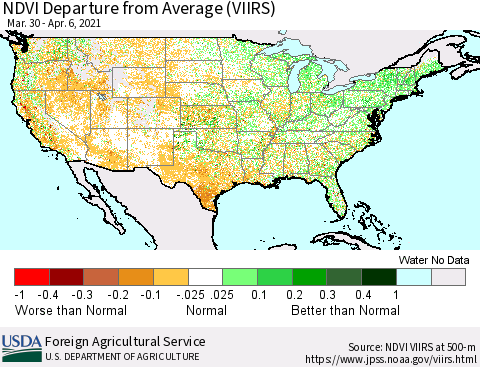 United States NDVI Departure from Average (VIIRS) Thematic Map For 4/1/2021 - 4/10/2021