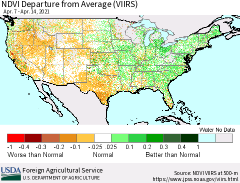United States NDVI Departure from Average (VIIRS) Thematic Map For 4/11/2021 - 4/20/2021