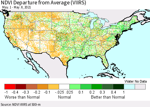 United States NDVI Departure from Average (VIIRS) Thematic Map For 5/1/2021 - 5/8/2021