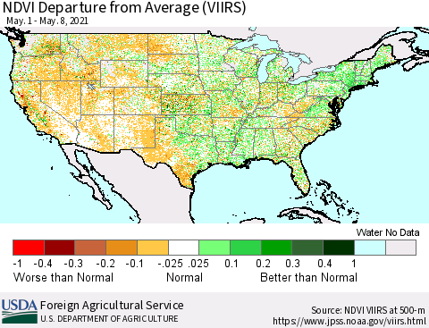 United States NDVI Departure from Average (VIIRS) Thematic Map For 5/1/2021 - 5/10/2021