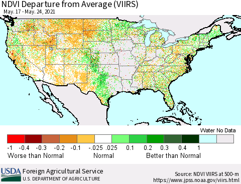 United States NDVI Departure from Average (VIIRS) Thematic Map For 5/21/2021 - 5/31/2021