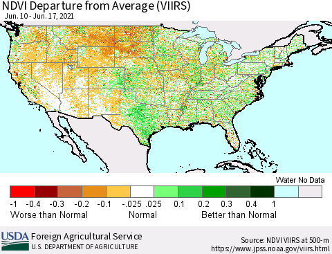 United States NDVI Departure from Average (VIIRS) Thematic Map For 6/11/2021 - 6/20/2021