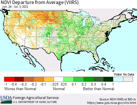 United States NDVI Departure from Average (VIIRS) Thematic Map For 7/1/2021 - 7/10/2021