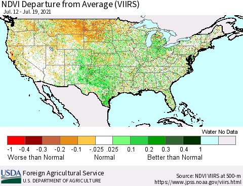 United States NDVI Departure from Average (VIIRS) Thematic Map For 7/11/2021 - 7/20/2021