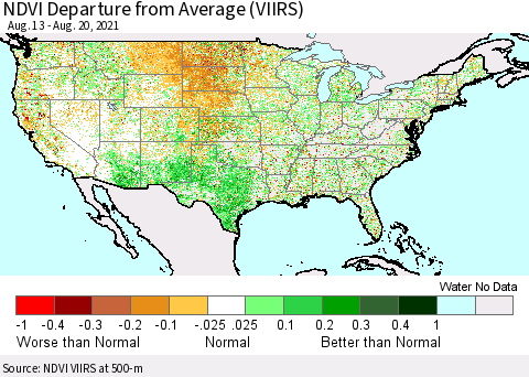 United States NDVI Departure from Average (VIIRS) Thematic Map For 8/11/2021 - 8/20/2021