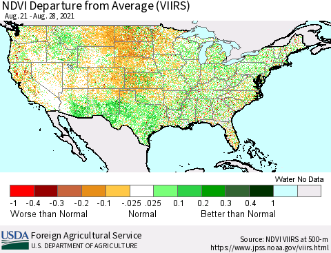 United States NDVI Departure from Average (VIIRS) Thematic Map For 8/21/2021 - 8/31/2021
