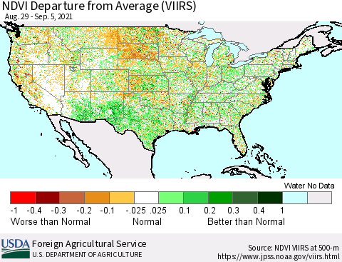 United States NDVI Departure from Average (VIIRS) Thematic Map For 9/1/2021 - 9/10/2021