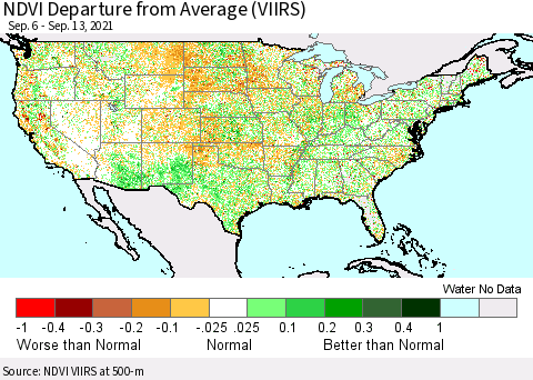 United States NDVI Departure from Average (VIIRS) Thematic Map For 9/6/2021 - 9/13/2021