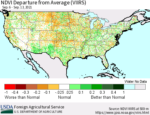 United States NDVI Departure from Average (VIIRS) Thematic Map For 9/11/2021 - 9/20/2021