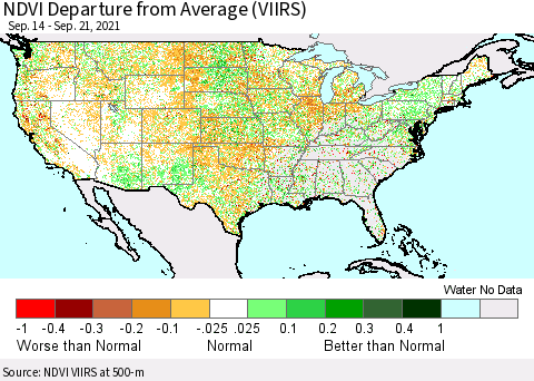 United States NDVI Departure from Average (VIIRS) Thematic Map For 9/14/2021 - 9/21/2021