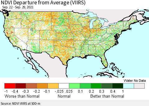 United States NDVI Departure from Average (VIIRS) Thematic Map For 9/22/2021 - 9/29/2021