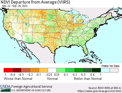 United States NDVI Departure from Average (VIIRS) Thematic Map For 9/21/2021 - 9/30/2021