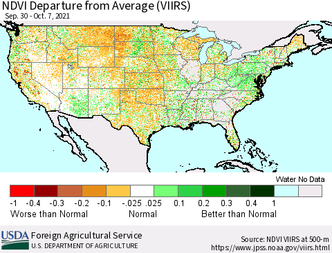 United States NDVI Departure from Average (VIIRS) Thematic Map For 10/1/2021 - 10/10/2021