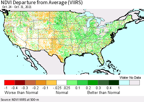 United States NDVI Departure from Average (VIIRS) Thematic Map For 10/21/2021 - 10/31/2021