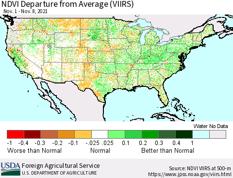 United States NDVI Departure from Average (VIIRS) Thematic Map For 11/1/2021 - 11/10/2021