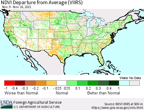 United States NDVI Departure from Average (VIIRS) Thematic Map For 11/11/2021 - 11/20/2021