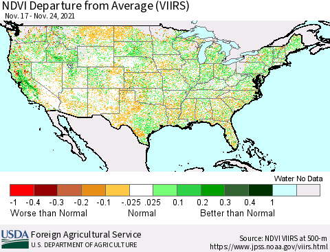 United States NDVI Departure from Average (VIIRS) Thematic Map For 11/21/2021 - 11/30/2021
