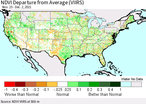 United States NDVI Departure from Average (VIIRS) Thematic Map For 11/25/2021 - 12/2/2021
