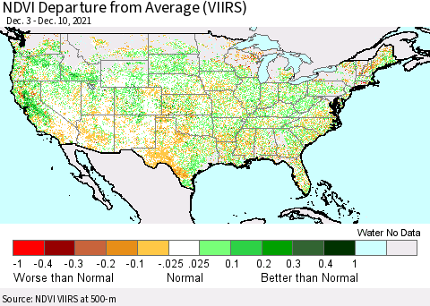 United States NDVI Departure from Average (VIIRS) Thematic Map For 12/1/2021 - 12/10/2021