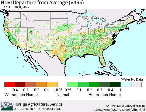 United States NDVI Departure from Average (VIIRS) Thematic Map For 1/1/2022 - 1/10/2022