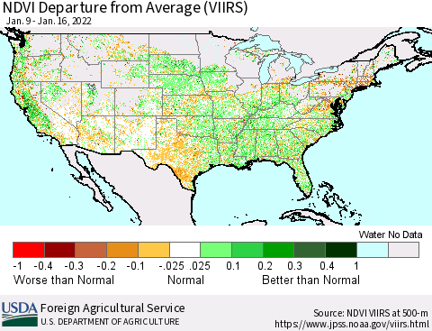 United States NDVI Departure from Average (VIIRS) Thematic Map For 1/11/2022 - 1/20/2022