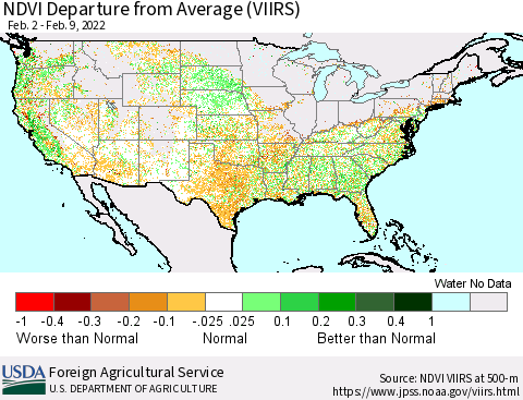 United States NDVI Departure from Average (VIIRS) Thematic Map For 2/1/2022 - 2/10/2022