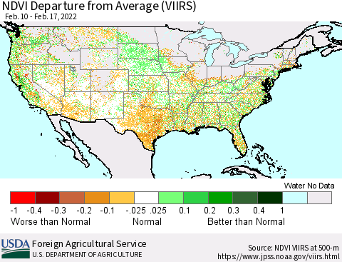 United States NDVI Departure from Average (VIIRS) Thematic Map For 2/11/2022 - 2/20/2022