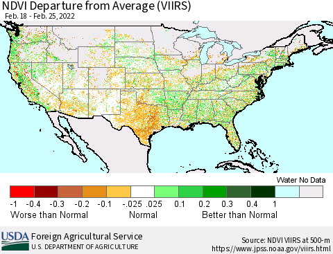 United States NDVI Departure from Average (VIIRS) Thematic Map For 2/21/2022 - 2/28/2022
