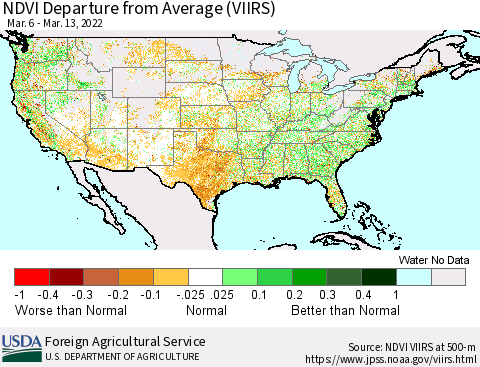 United States NDVI Departure from Average (VIIRS) Thematic Map For 3/11/2022 - 3/20/2022