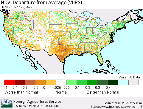 United States NDVI Departure from Average (VIIRS) Thematic Map For 3/21/2022 - 3/31/2022