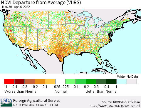 United States NDVI Departure from Average (VIIRS) Thematic Map For 4/1/2022 - 4/10/2022