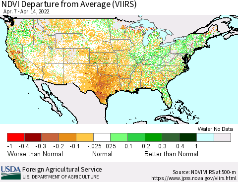 United States NDVI Departure from Average (VIIRS) Thematic Map For 4/11/2022 - 4/20/2022