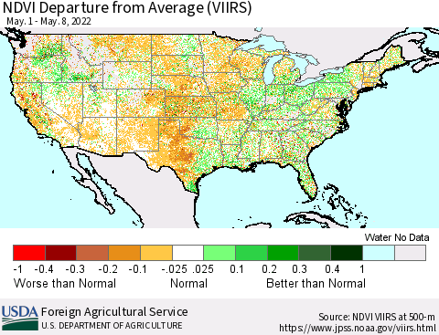 United States NDVI Departure from Average (VIIRS) Thematic Map For 5/1/2022 - 5/10/2022