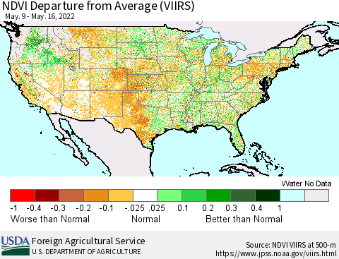 United States NDVI Departure from Average (VIIRS) Thematic Map For 5/11/2022 - 5/20/2022