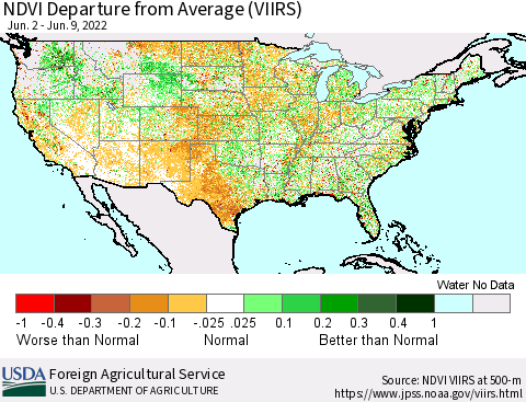United States NDVI Departure from Average (VIIRS) Thematic Map For 6/1/2022 - 6/10/2022
