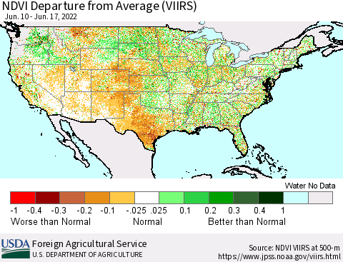 United States NDVI Departure from Average (VIIRS) Thematic Map For 6/11/2022 - 6/20/2022