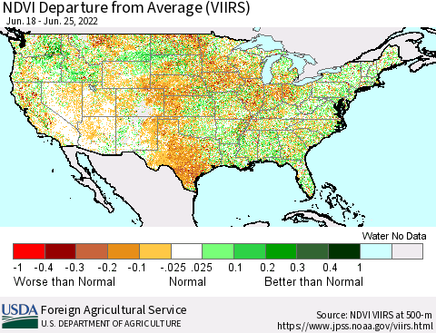 United States NDVI Departure from Average (VIIRS) Thematic Map For 6/21/2022 - 6/30/2022