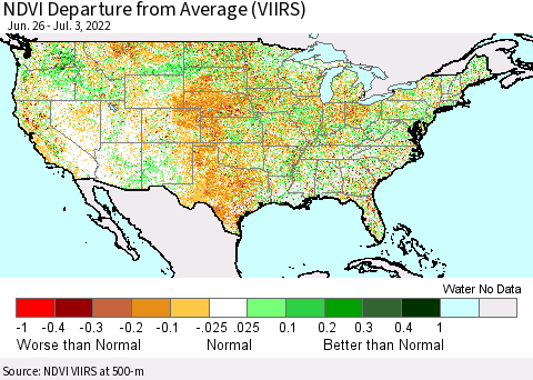 United States NDVI Departure from Average (VIIRS) Thematic Map For 6/26/2022 - 7/3/2022