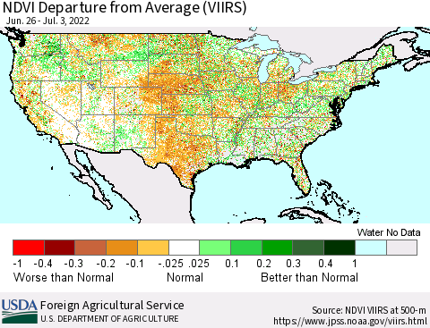 United States NDVI Departure from Average (VIIRS) Thematic Map For 7/1/2022 - 7/10/2022