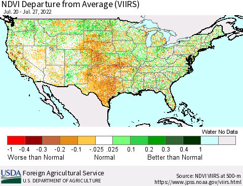 United States NDVI Departure from Average (VIIRS) Thematic Map For 7/21/2022 - 7/31/2022