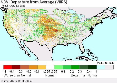 United States NDVI Departure from Average (VIIRS) Thematic Map For 8/5/2022 - 8/12/2022