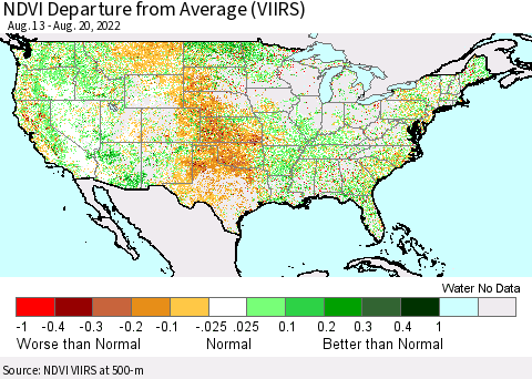 United States NDVI Departure from Average (VIIRS) Thematic Map For 8/13/2022 - 8/20/2022