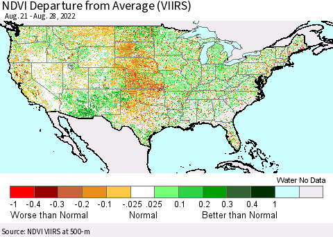 United States NDVI Departure from Average (VIIRS) Thematic Map For 8/21/2022 - 8/28/2022