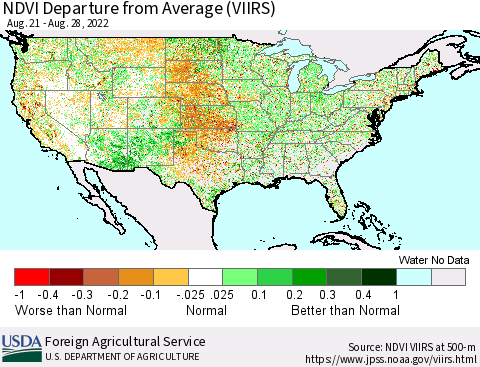 United States NDVI Departure from Average (VIIRS) Thematic Map For 8/21/2022 - 8/31/2022