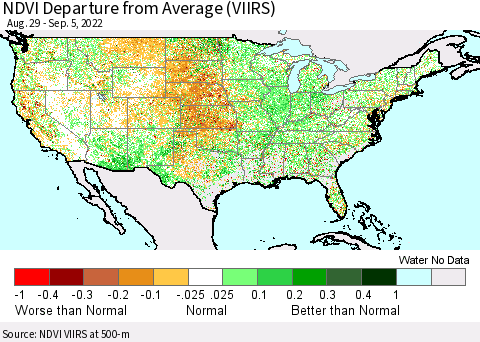 United States NDVI Departure from Average (VIIRS) Thematic Map For 8/29/2022 - 9/5/2022