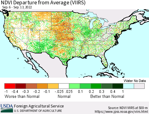 United States NDVI Departure from Average (VIIRS) Thematic Map For 9/11/2022 - 9/20/2022