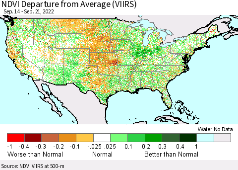United States NDVI Departure from Average (VIIRS) Thematic Map For 9/14/2022 - 9/21/2022